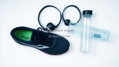 Flat lay of running shoes headphones smartwatch and water bottle