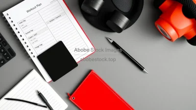 Flat lay of weekly workout plan notebook pen and fitness accessories