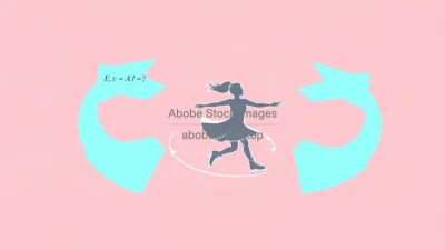 Floating equations and vector arrows around a spinning figure skater illustrating angular momentum