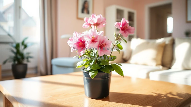 Flowering azalea in pot on coffee table