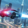 Flying car using electromagnetic propulsion over a futuristic city physics based design concept