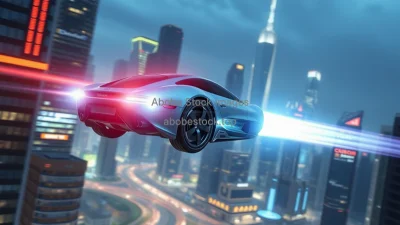 Flying car using electromagnetic propulsion over a futuristic city physics based design concept
