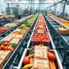 Food processing factory with automated conveyor belts packaging fruits and vegetables overhead view high resolution