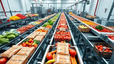 Food processing factory with automated conveyor belts packaging fruits and vegetables overhead view high resolution