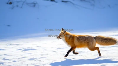 Fox running across snowy ground