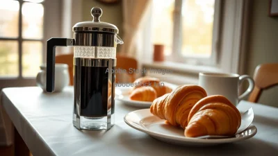 French press coffee on breakfast table with croissants