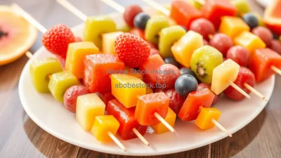 Fresh colorful fruit skewers arranged on a white platter