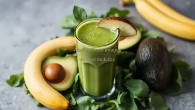 Fresh green smoothie in a glass surrounded by spinach banana and avocado