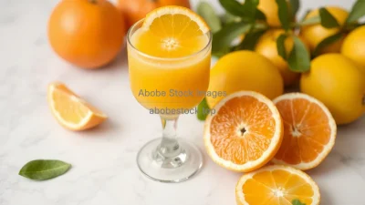 Freshly squeezed orange juice in a glass next to sliced citrus fruits