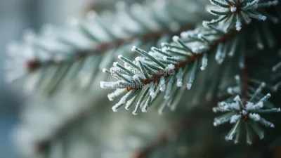 Frosted pine needles close-up with cool tones