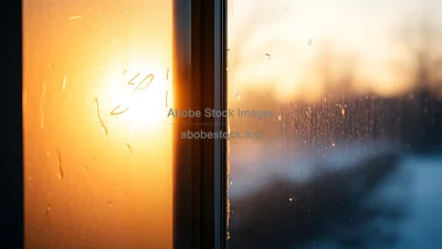 Frosted window illuminated by cold morning light