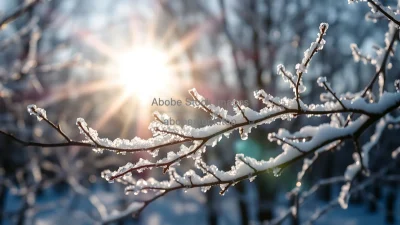 Frozen branches glowing under winter sunlight macro