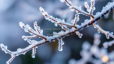 Frozen branches with crystal ice coating macro
