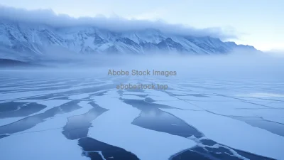 Frozen landscape with silver horizon and white mist