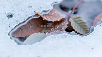 Frozen leaves under layer of transparent ice