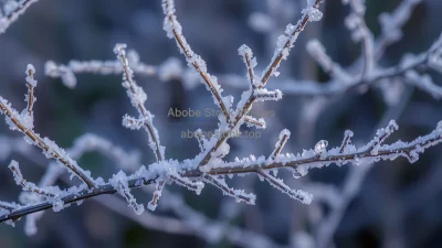 Frozen twigs and branches with frost sparkles