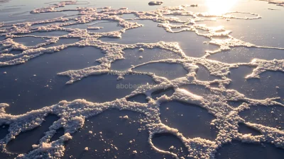Frozen water surface glowing with morning light