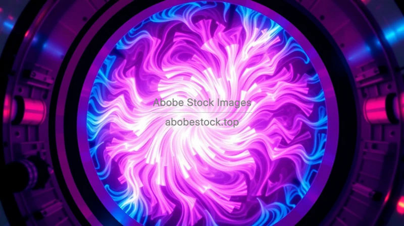 Fusion plasma swirling inside a tokamak reactor bright pink and blue glow highly detailed