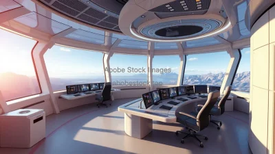 Futuristic control center with panoramic windows