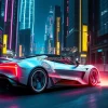 Futuristic electric sports car racing through a neon lit cyberpunk city at night ultra realistic