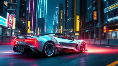 Futuristic electric sports car racing through a neon lit cyberpunk city at night ultra realistic