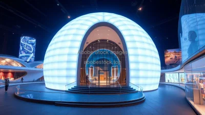 Futuristic exhibition center with glowing shell