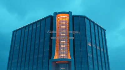 Futuristic headquarters building with glowing core