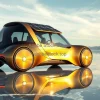 Futuristic solar powered car driving across a salt flat mirror reflections
