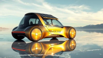 Futuristic solar powered car driving across a salt flat mirror reflections