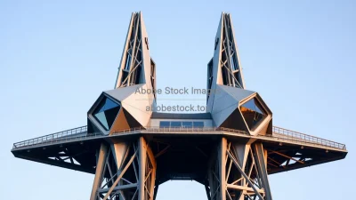 Futuristic steel tower with geometric facades