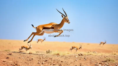 Gazelle leaping across dry landscape