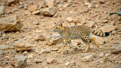 Genet running across rocky terrain