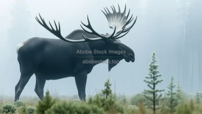 Giant moose standing in misty northern forest