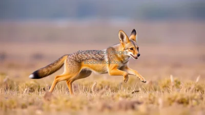 Golden jackal running through fields