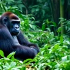 Gorilla sitting peacefully in dense jungle
