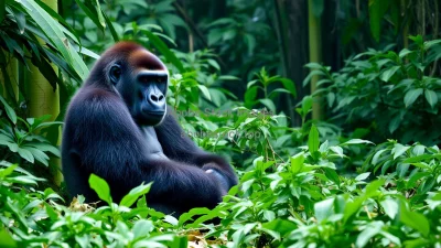 Gorilla sitting peacefully in dense jungle