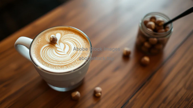 Hazelnut latte with latte art and hazelnuts scattered