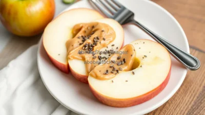 Healthy apple slices with almond butter and chia seeds on a plate