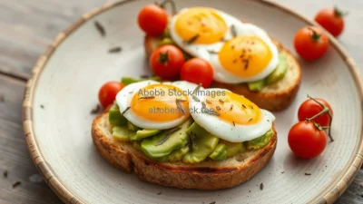 Healthy avocado toast with eggs and cherry tomatoes on a rustic plate