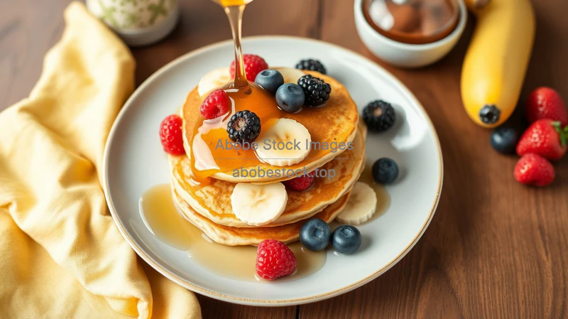 Healthy banana pancakes with honey and berries on a plate