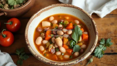 Healthy bean and vegetable stew in a rustic bowl on a wooden table