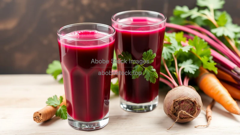 Healthy beet and carrot juice in glasses with fresh roots nearby
