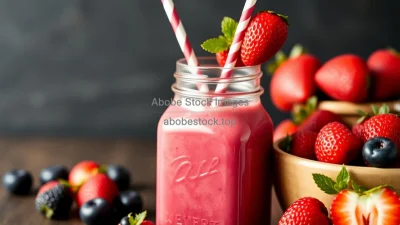 Healthy berry smoothie in a mason jar with paper straw