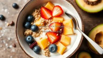 Healthy coconut yogurt bowl with tropical fruits and seeds