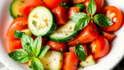 Healthy cucumber and tomato salad with fresh herbs