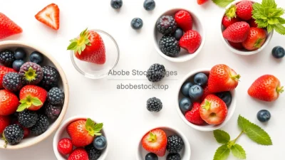 Healthy fresh berries in small bowls on a light background