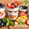 Healthy fruit and yogurt parfait bar with various toppings