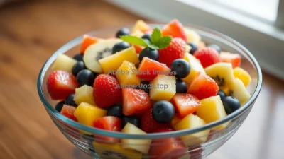 Healthy fruit salad in a large glass bowl with colorful variety