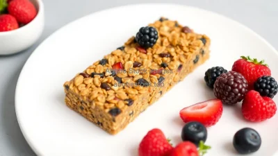 Healthy granola bar and fresh berries on a white plate
