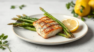 Healthy grilled salmon with asparagus and lemon on a plate